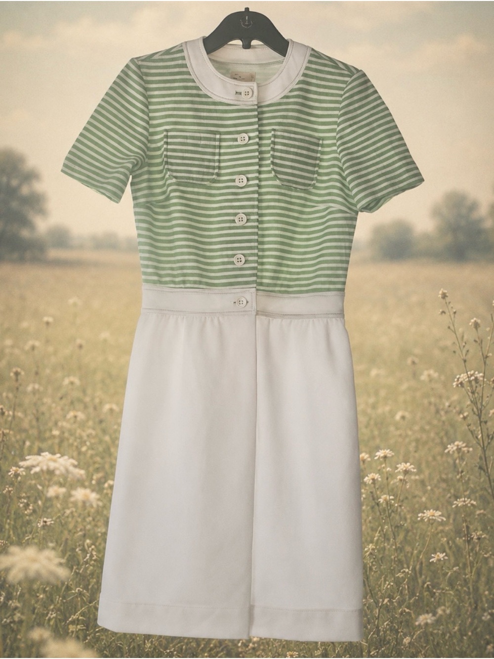 Vintage 1970s Dawnleigh Mod GoGo Green Stripe Shirtwaist Dress Size S